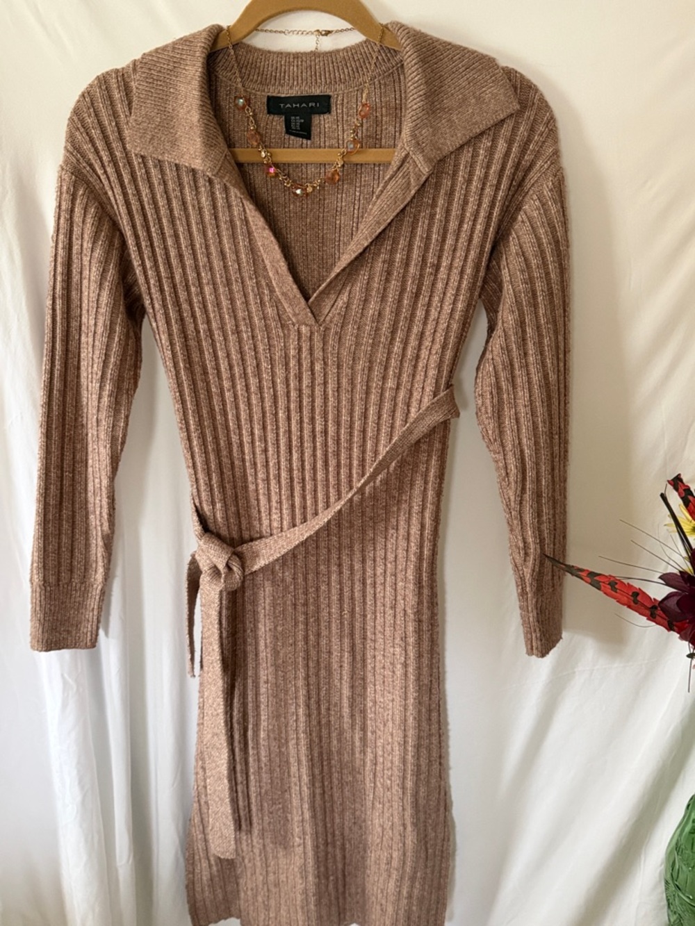Tahari Taupe Ribbed Knit Wrap Dress with Collar